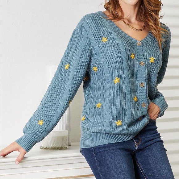 NEW HEYSON PLUS + REG SIZE Floral Embroidered Chunky Cable Knit Cardigan Sweater - Picture 8 of 12